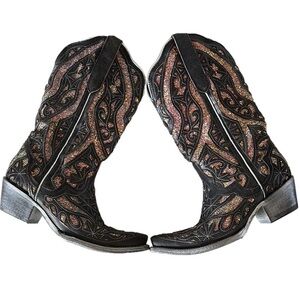 NWOB J.B. Dillon Western Distressed Black Leather Cowboy Boots Glitter Wedding